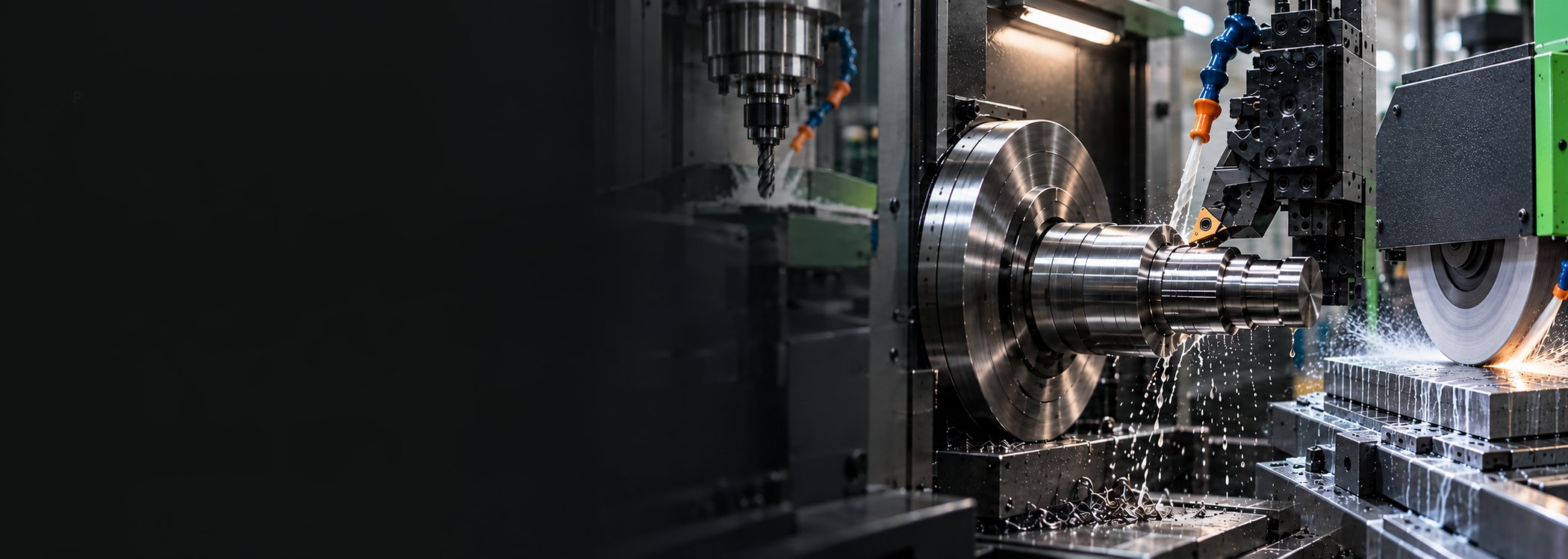 CNC milling, turning, and surface grinding with coolant in a modern machining plant