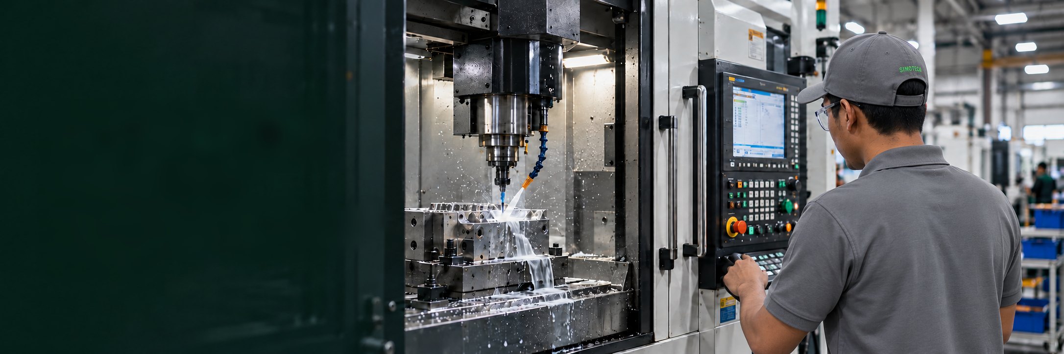 SIMOTECH technician operating a CNC milling machine with coolant