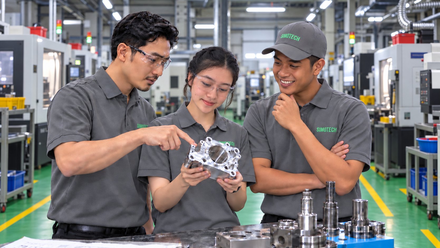 SIMOTECH team in grey uniforms inspecting a precision machined component